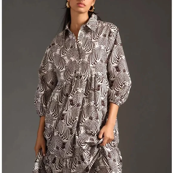 Anthropologie Maeve Bettina Dress Tiered zebra Print Buttondown Shirt Dr… - Picture 2 of 13